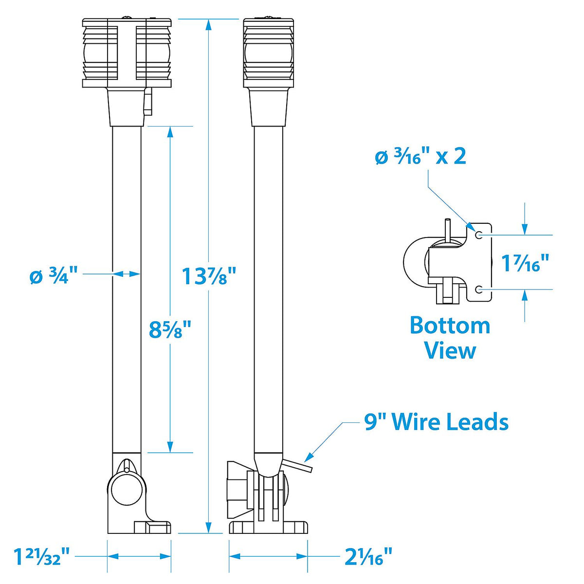 Deluxe Fold-Down Masthead Light w/ Base, Horizontal Mount, 12-5/8 in.