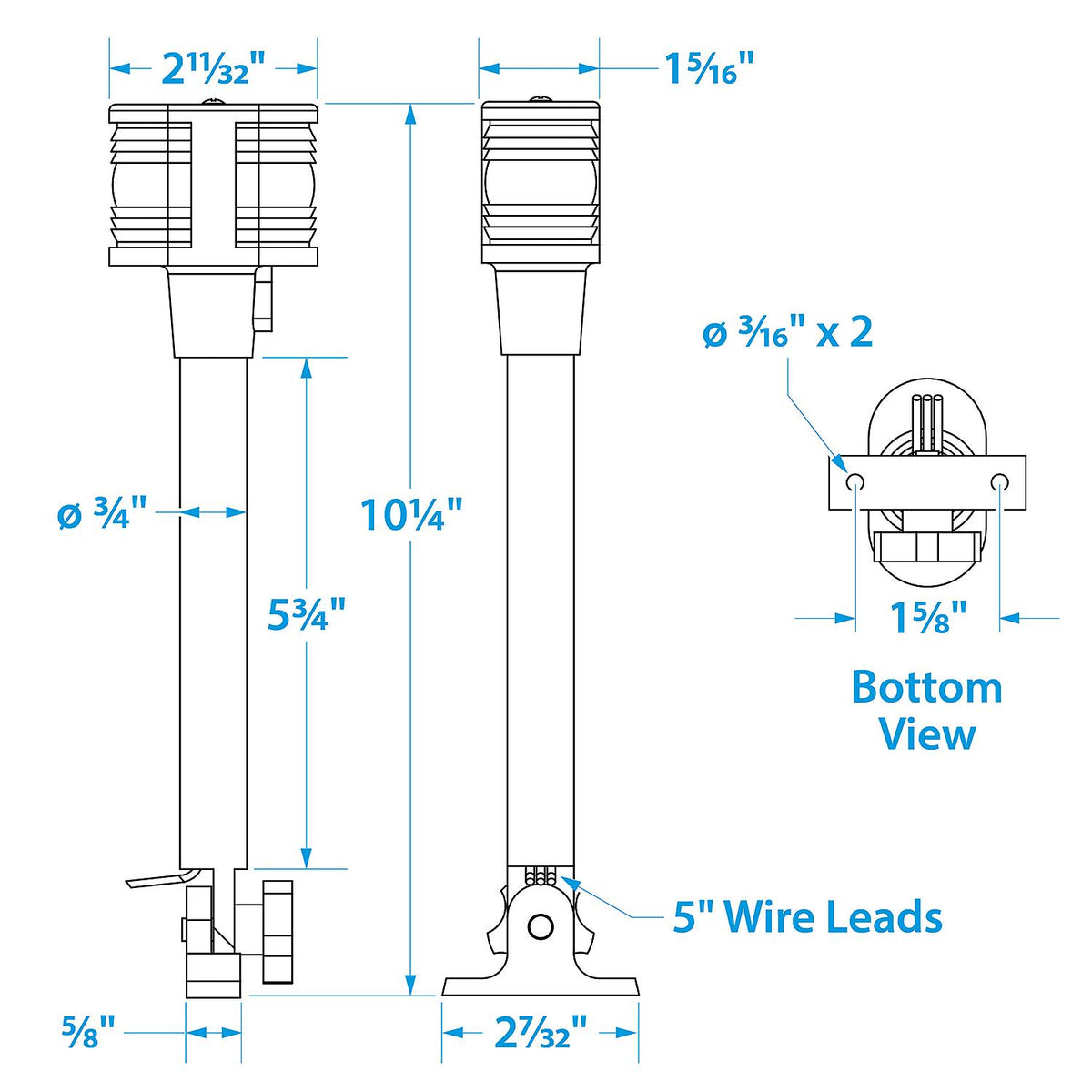 Fold-Down All-Around Masthead Light w/ Base, Vetical Mount, 10-1/4 in.