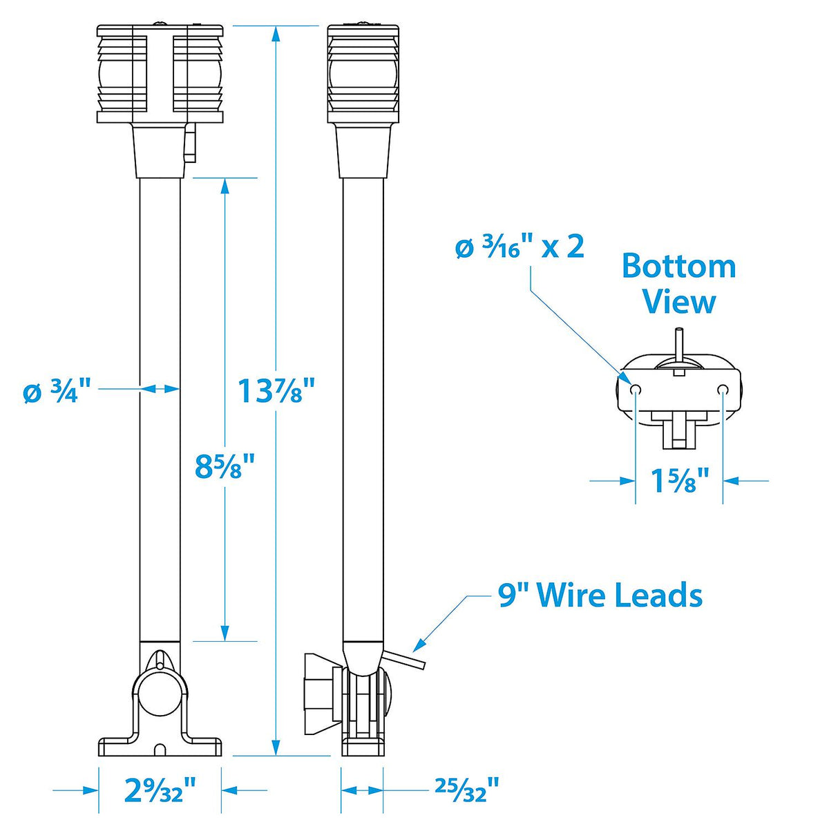 Deluxe Fold-Down All-Around Masthead Light w/ Base, Vertical V Type Mount, 12-5/8 in.