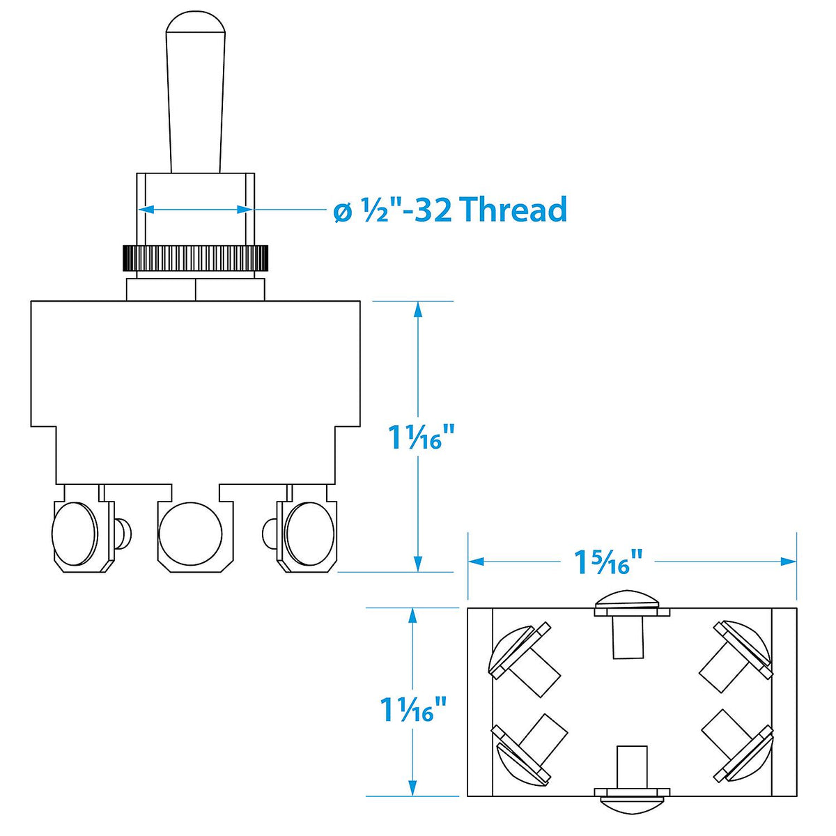 3-Position Heavy Duty Toggle Switch, On/Off/On