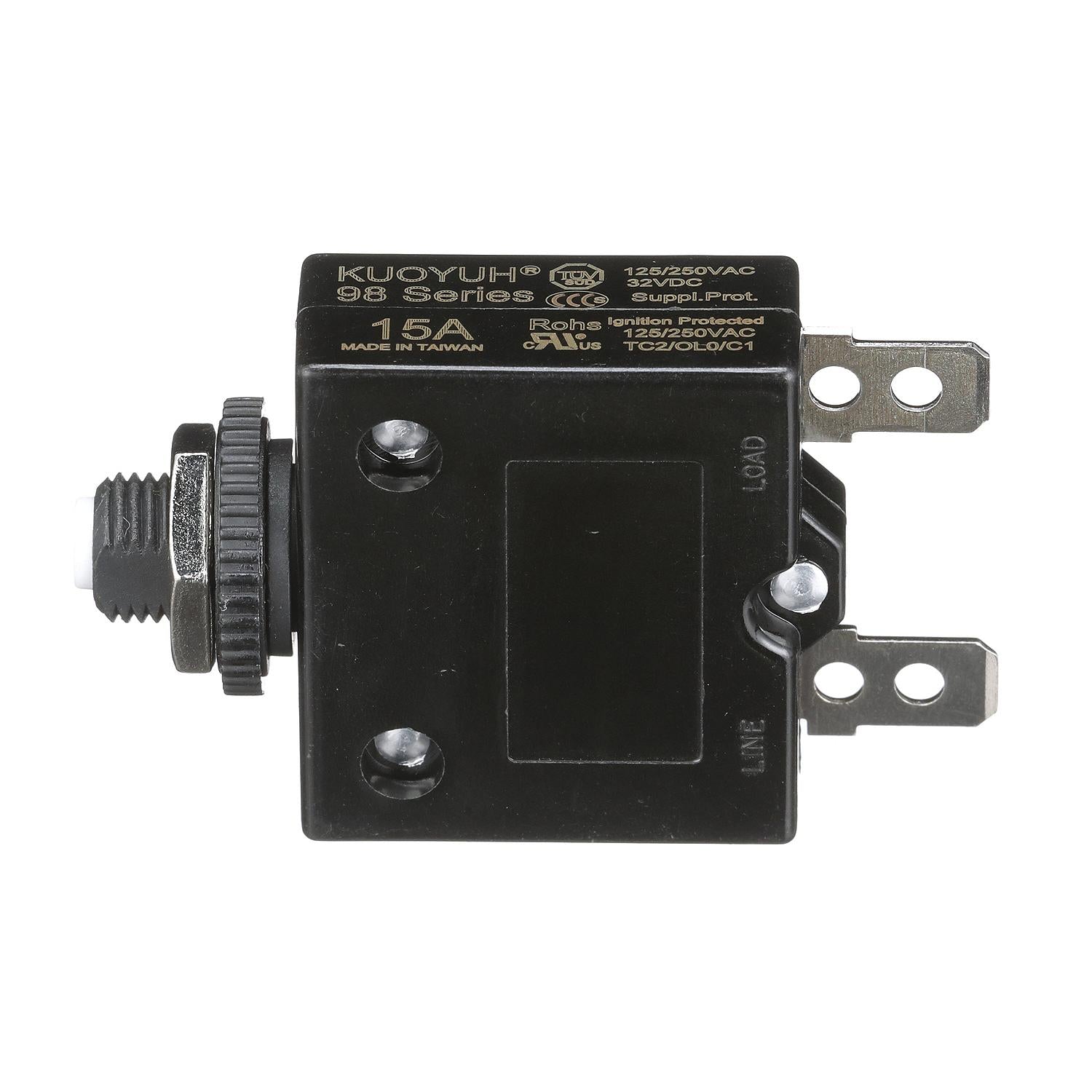 Circuit Breaker, Push to Reset, 15 Amp