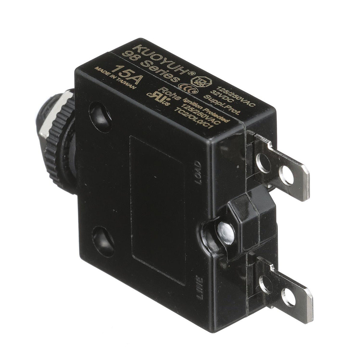 Circuit Breaker, Push to Reset, 15 Amp