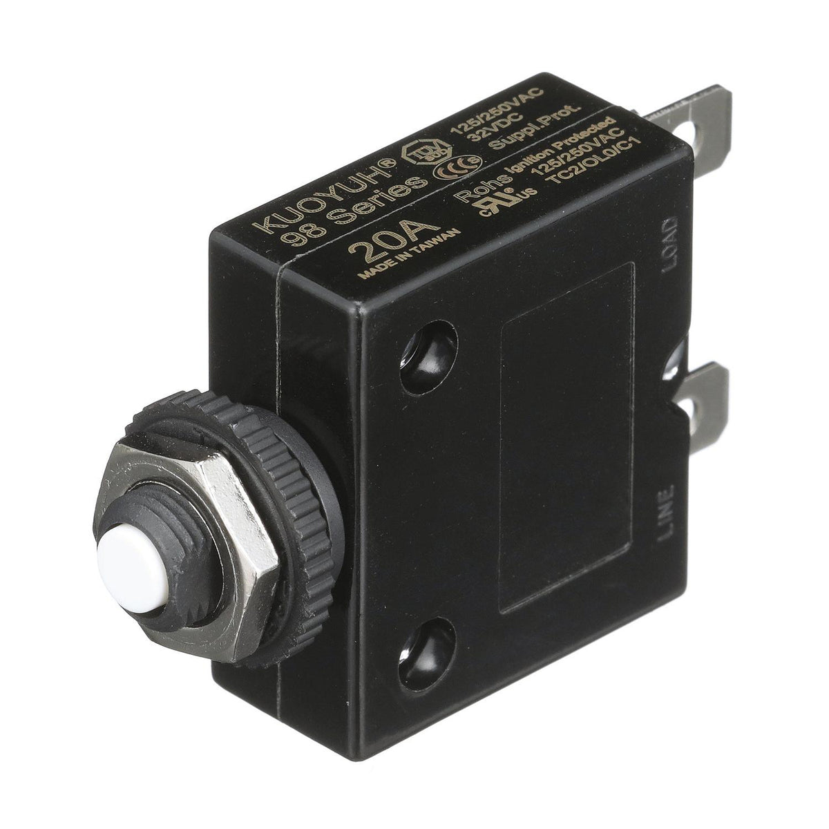 Circuit Breaker, Push to Reset, 20 Amp