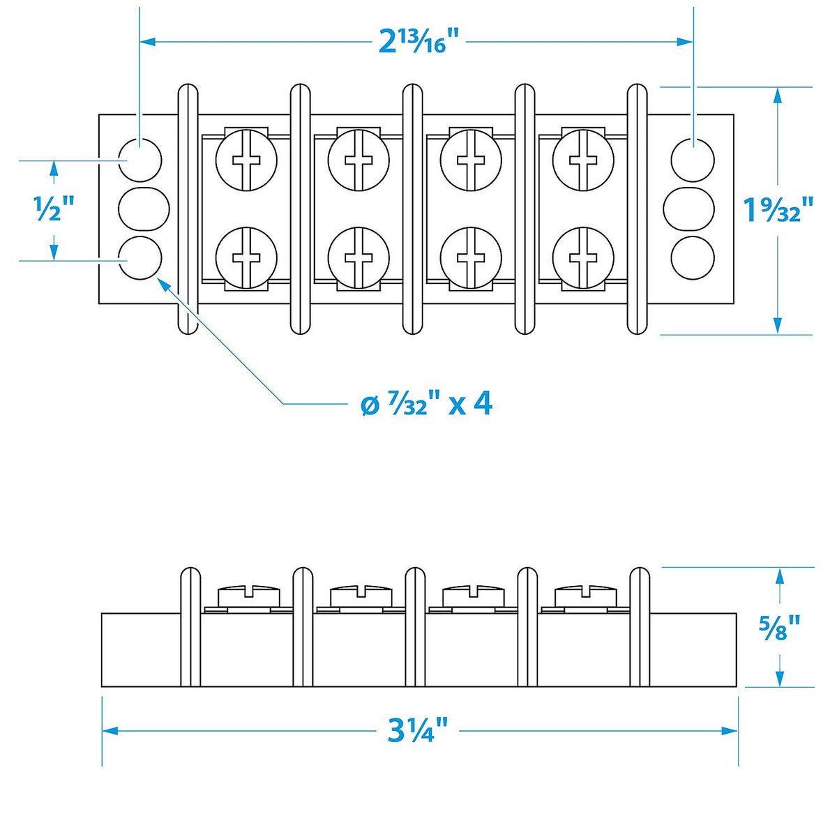 Terminal Block, 4-Gang, Brass Clips & Contacts