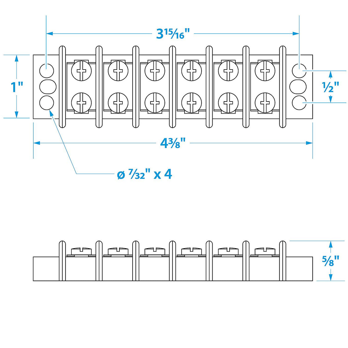 Terminal Block, 6-Gang, Nickel Plated Brass Terminals