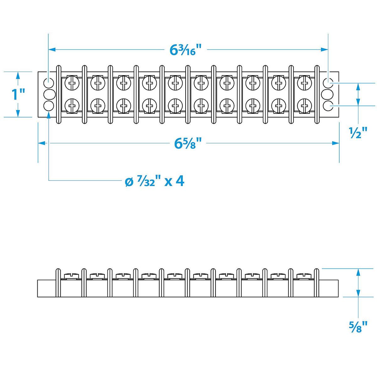 Terminal Block, 10-Gang, Nickel Plated Brass Terminals