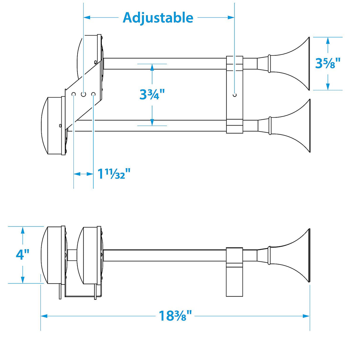 Stainless Steel Dual Trumpet Horn, Vibration-Free Pad, 20-3/4 in, 12V