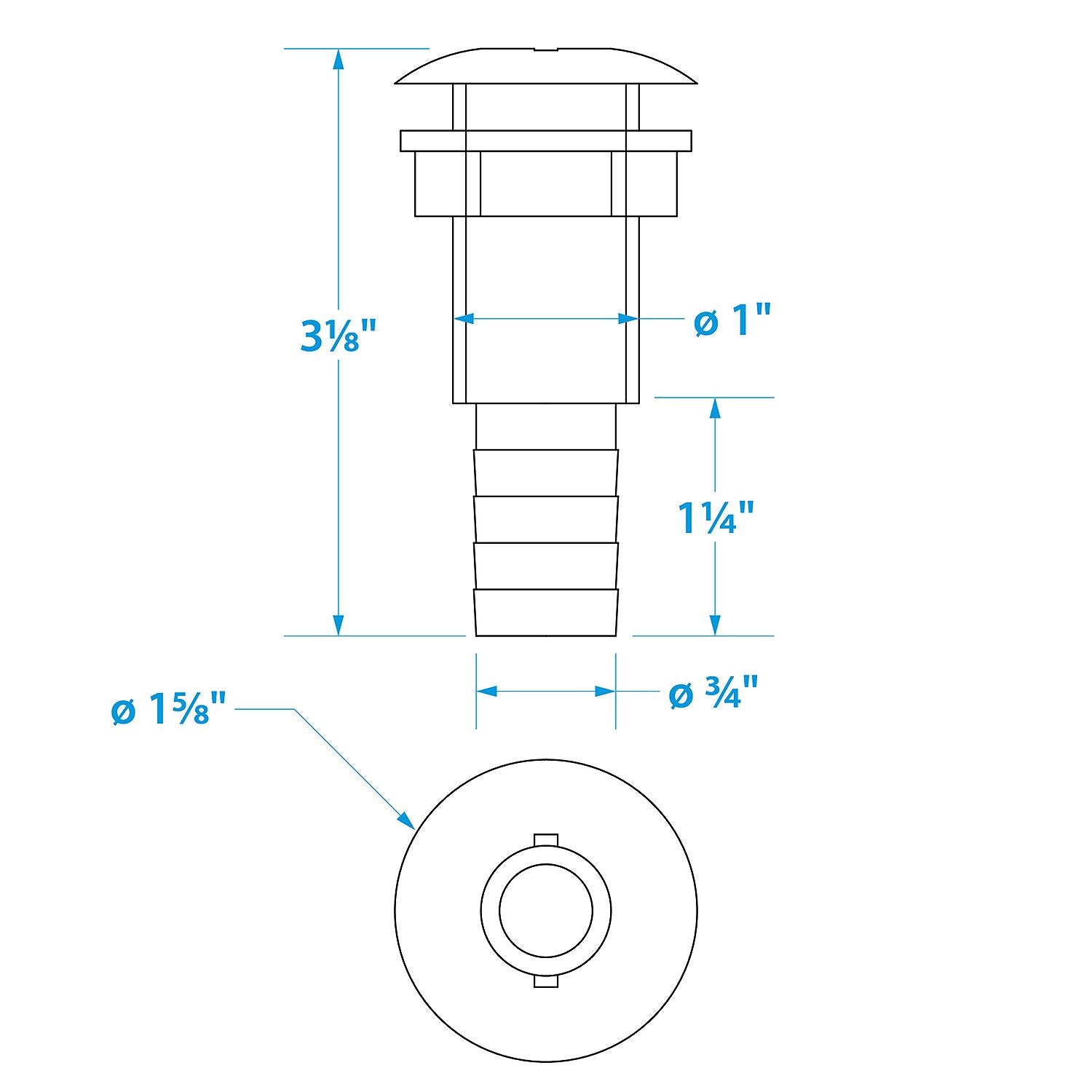 Thru-Hull Connector w/ Broad Flange, Fits 3/4 In. ID Hose, 1-1/4in Max Hull