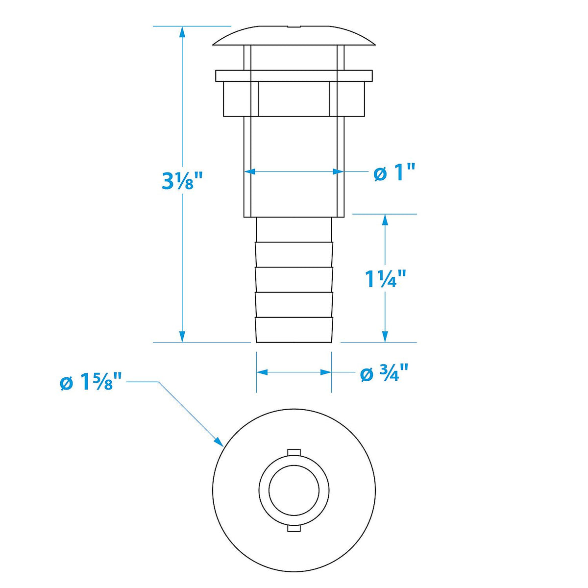 Thru-Hull Connector w/ Broad Flange, Fits 3/4 In. ID Hose, 1-1/4in Max Hull