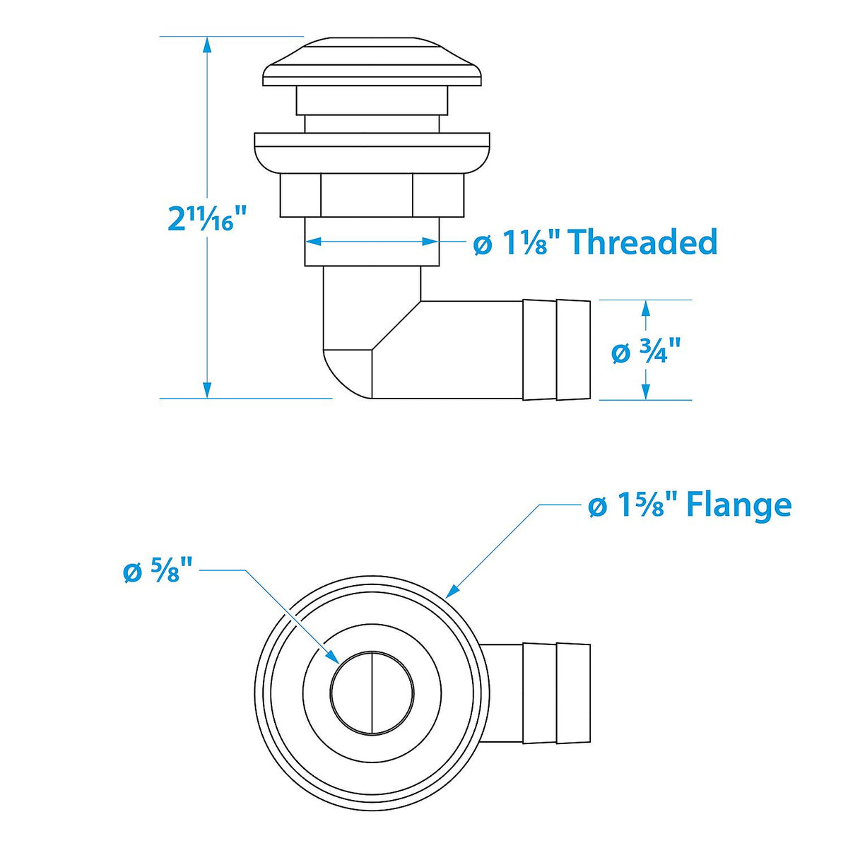 90º Thru Hull Fitting, Fits 3/4 In. ID Hose, 7/8 In. Max. Hull