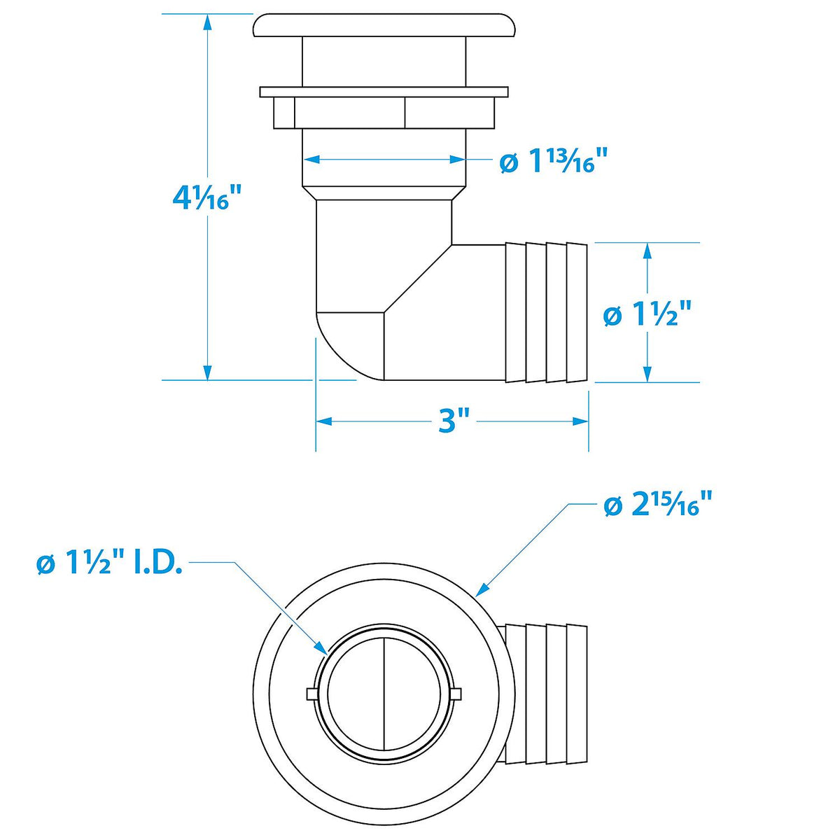 90º Thru-Hull Connector, Fits 1-1/2 in. ID Hose, 1-3/8 in. Max Hull