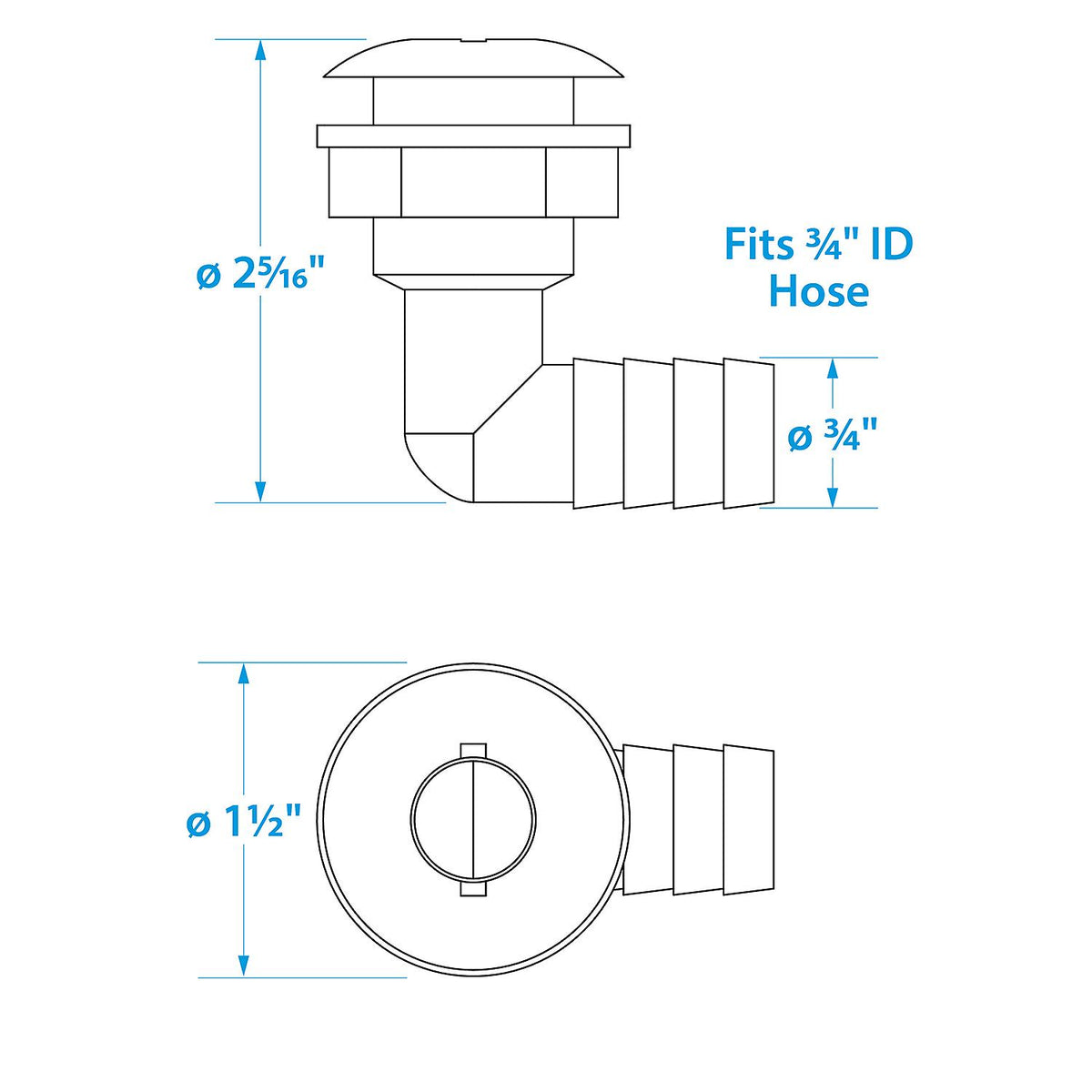 90º Angled Thru-Hull Connector, White Finish, 0.75 in.