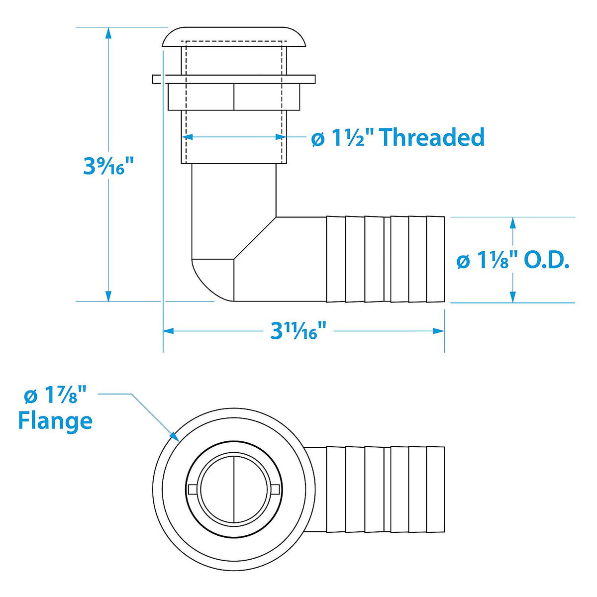 90º Thru-Hull Connector, Fits 1-1/8 In. ID Hose, 1-1/8 In. Max Hull