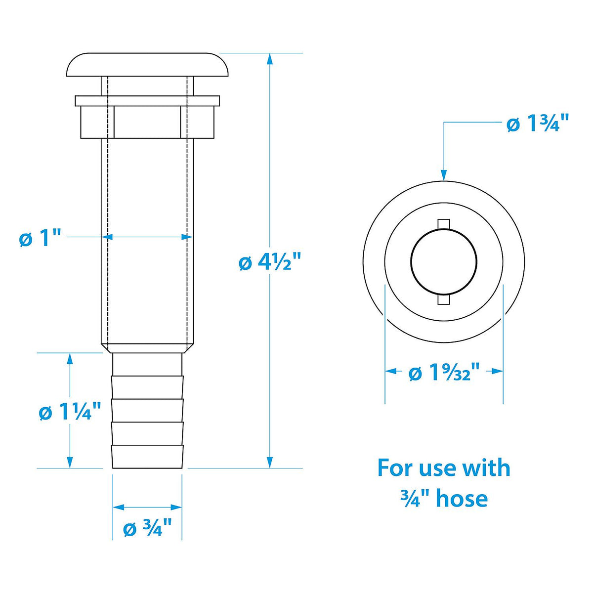 Polypropylene Extra Long Thru-Hull Connector for 3/4 in. ID Hose, White Finish