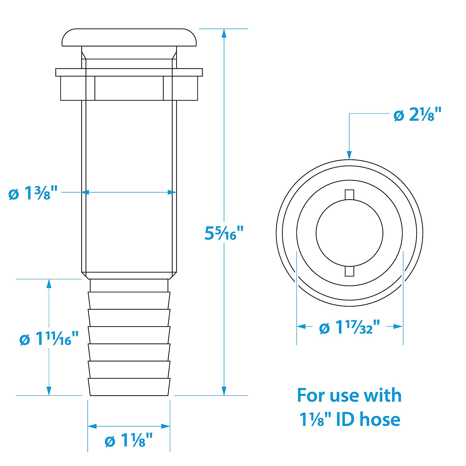 Extra Long Thru-Hull Fitting w/ Broad Flange For 1-1/8in Hose