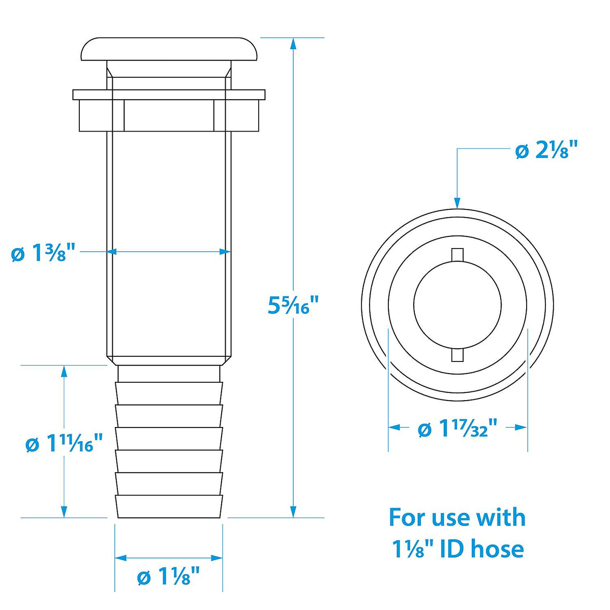 Extra Long Thru-Hull Fitting w/ Broad Flange For 1-1/8in Hose