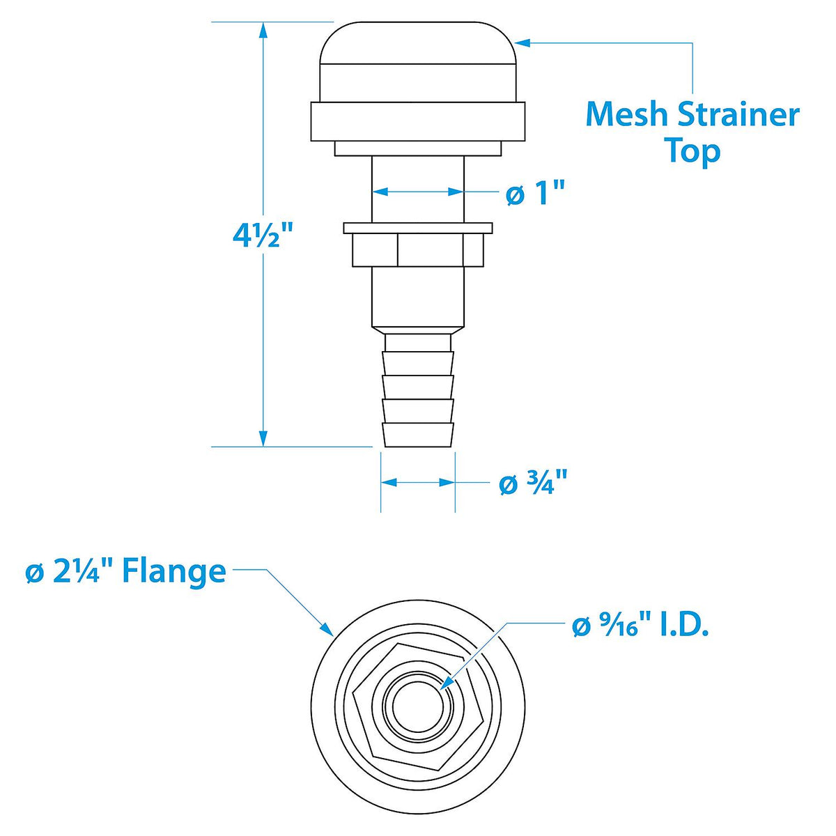 Thru-Hull Strainer Mount w/ Aerator Screen, Fits 3/4in Hose