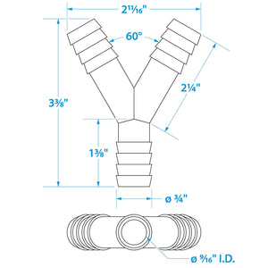 3-Way Y Fitting, Fits 3/4 in. ID Hose, Black Plastic