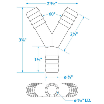 3-Way Y Fitting, Fits 3/4 in. ID Hose, Black Plastic