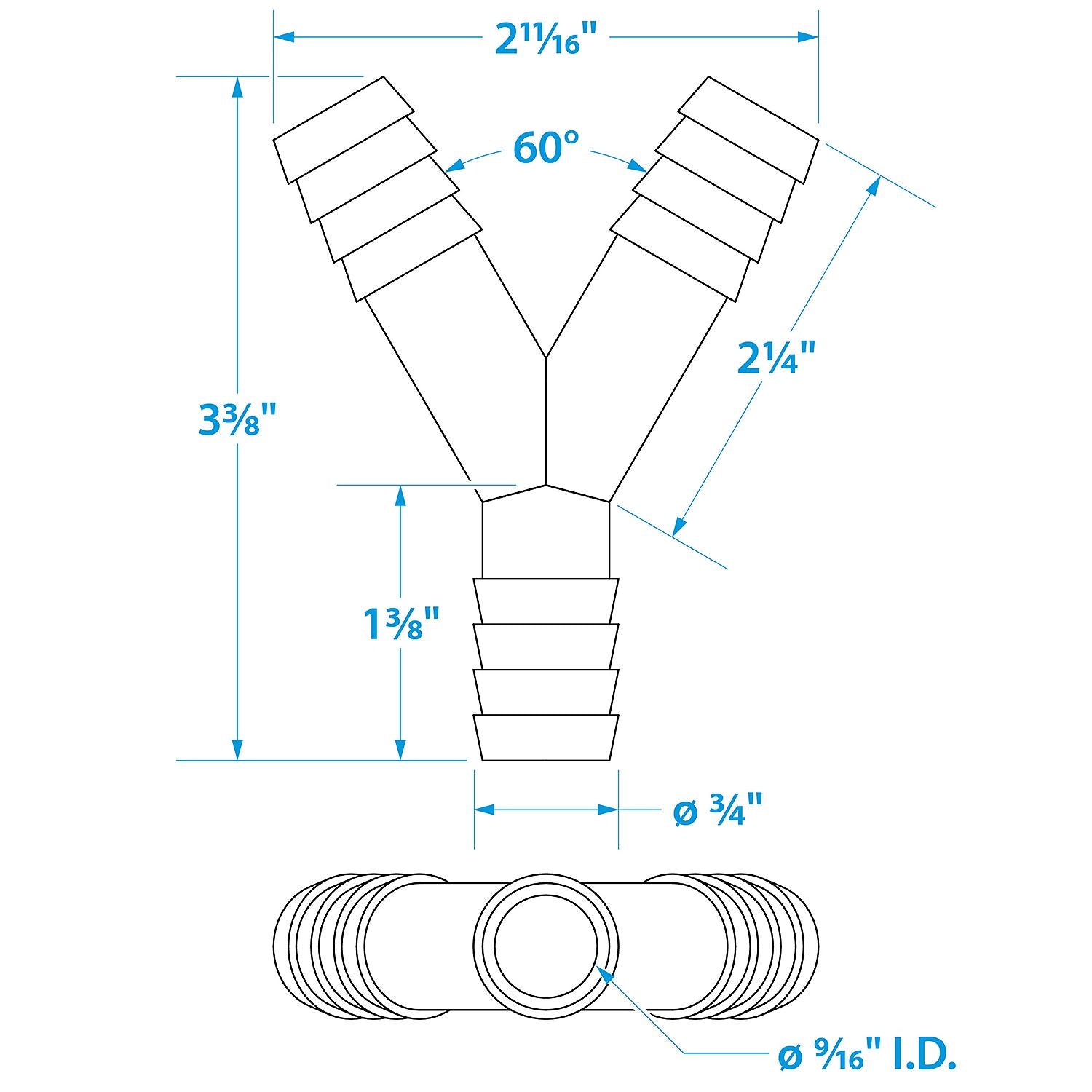 3-Way Y Fitting, Fits 3/4 in. ID Hose, Black Plastic