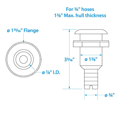 Covered Thru-Hull Fitting w/ Stainless-Steel Flange, For 3/4in Hose