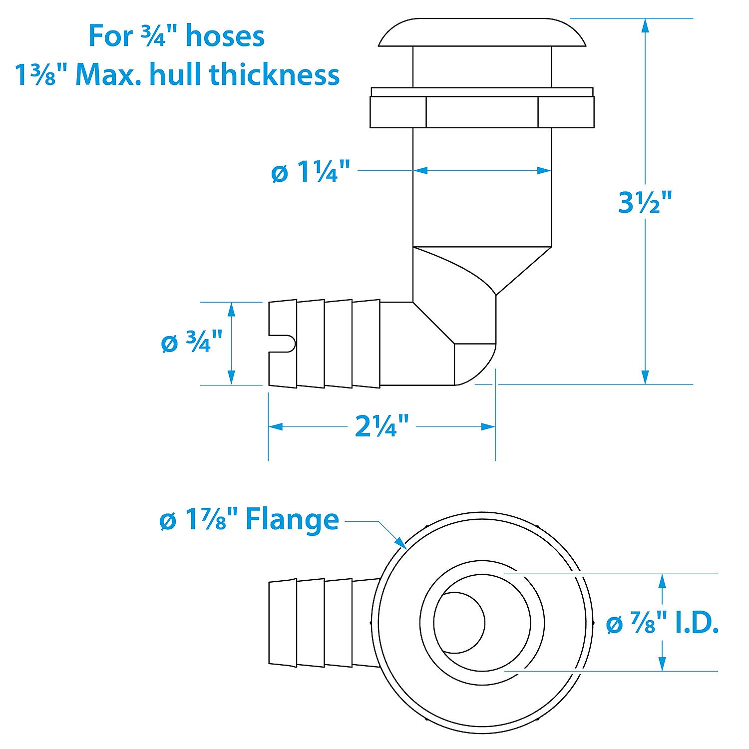 90º Thru-Hull Connector, Fits 3/4 In. ID Hose, 1-3/8 In. Max Hull, White