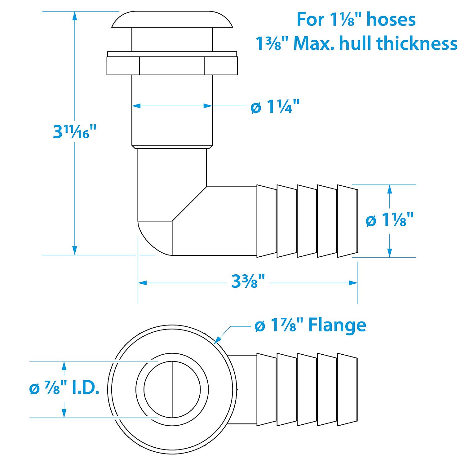 90º Thru-Hull Connector, Fits 1-1/8 In. ID Hose, 1-3/8 In. Max Hull