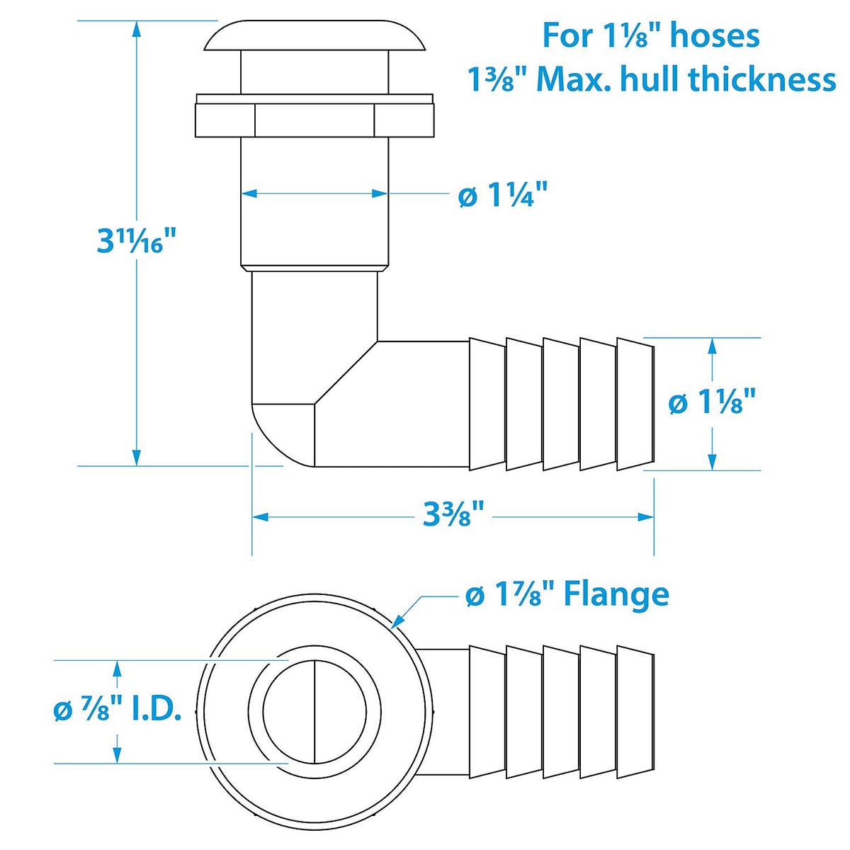 90º Thru-Hull Connector, Fits 1-1/8 In. ID Hose, 1-3/8 In. Max Hull