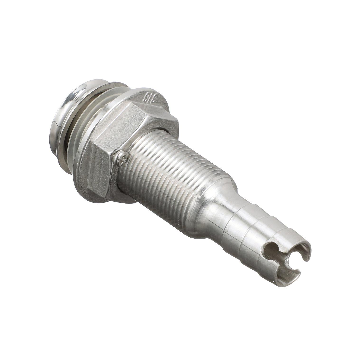 Mega-Flow SS Dripless Thru Hull Fitting, Fits 5/8in Hose, 1-1/2in Max Hull