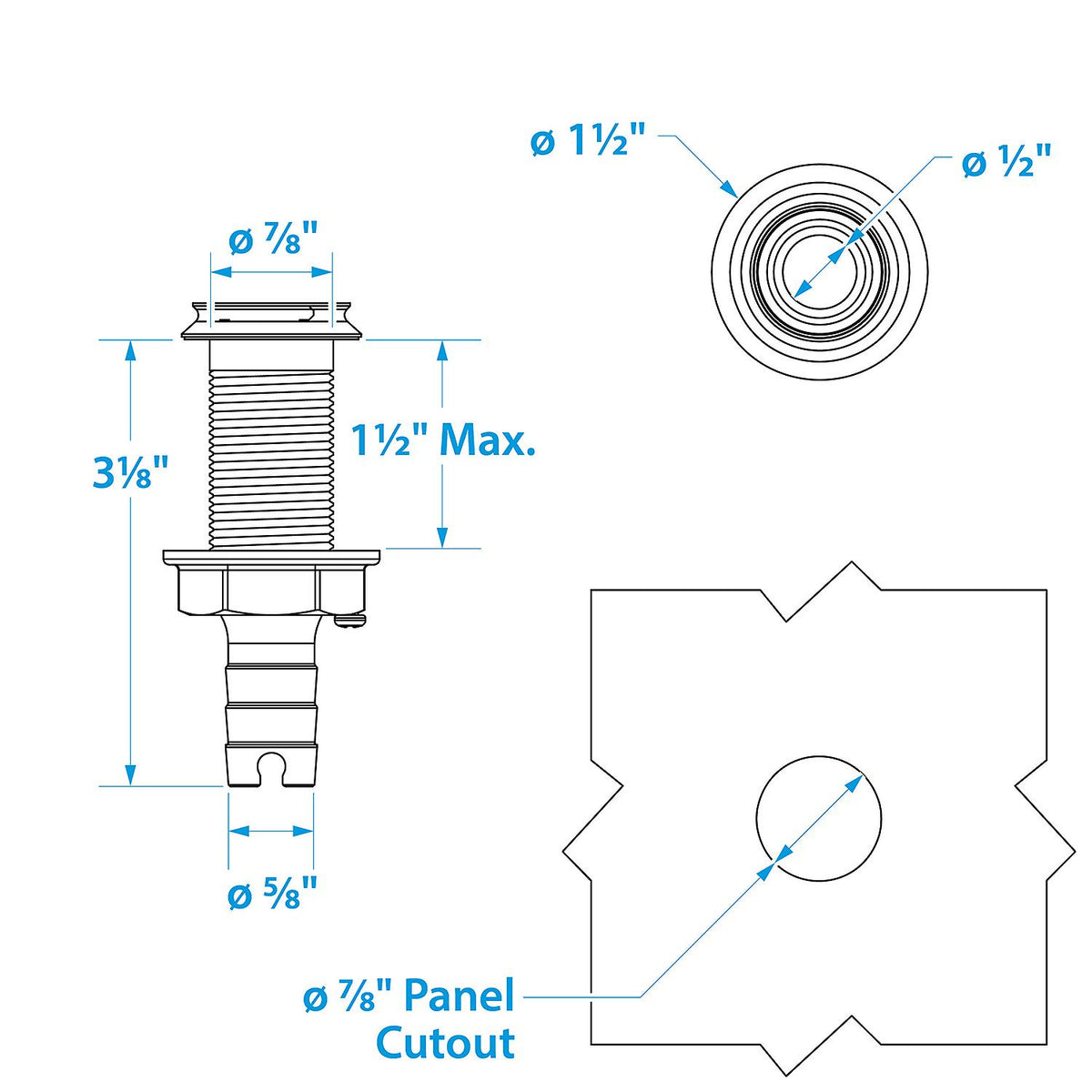 Mega-Flow SS Dripless Thru Hull Fitting, Fits 5/8in Hose, 1-1/2in Max Hull