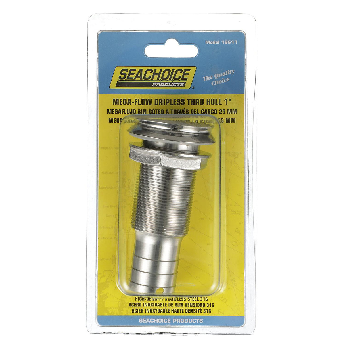 Mega-Flow SS Dripless Thru Hull Fitting, Fits 1in Hose, 1-1/2in Max Hull
