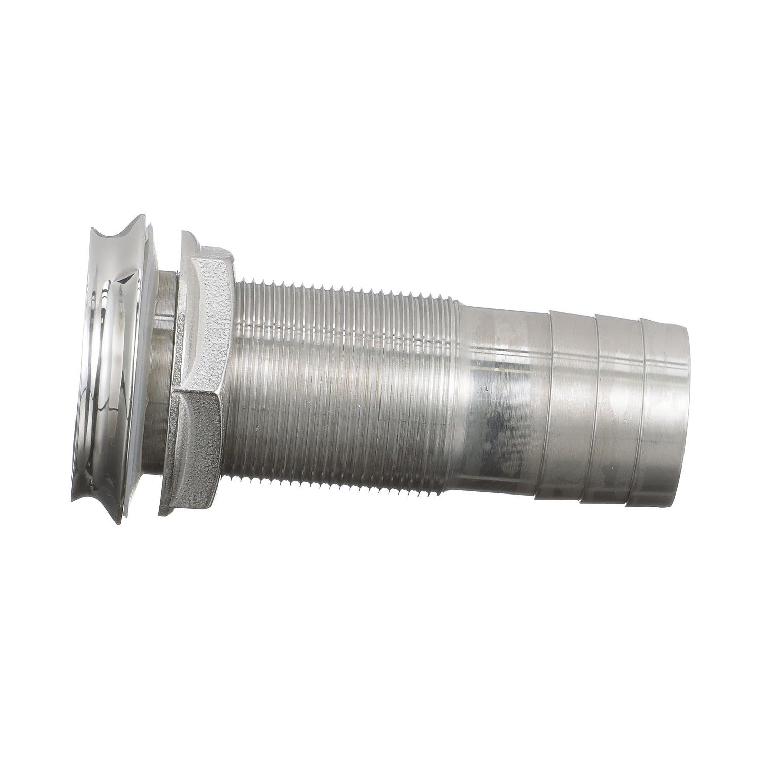 Mega-Flow SS Dripless Thru Hull Fitting, Fits 1-1/8in Hose, 1-1/2in Max. Hull
