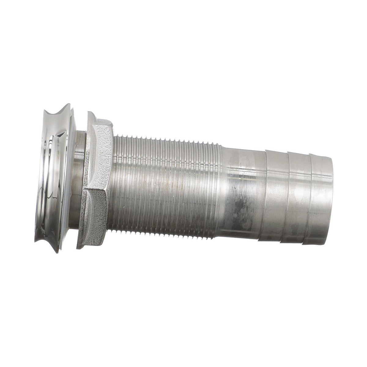 Mega-Flow SS Dripless Thru Hull Fitting, Fits 1-1/8in Hose, 1-1/2in Max. Hull