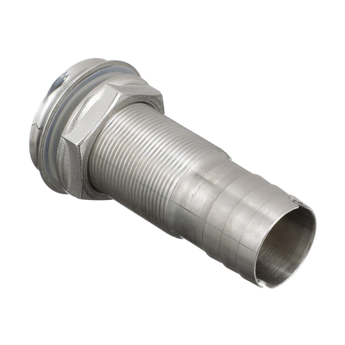 Mega-Flow SS Dripless Thru Hull Fitting, Fits 1-1/8in Hose, 1-1/2in Max. Hull