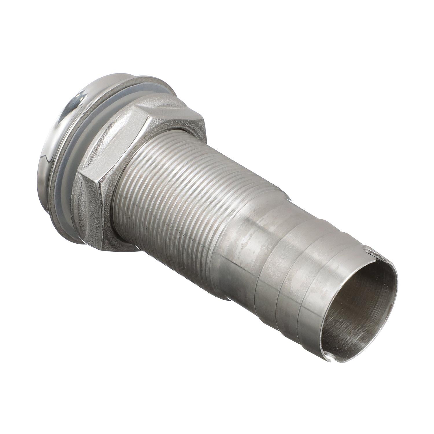 Mega-Flow SS Dripless Thru Hull Fitting, Fits 1-1/8in Hose, 1-1/2in Max. Hull
