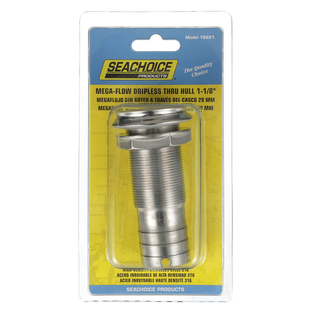 Mega-Flow SS Dripless Thru Hull Fitting, Fits 1-1/8in Hose, 1-1/2in Max. Hull