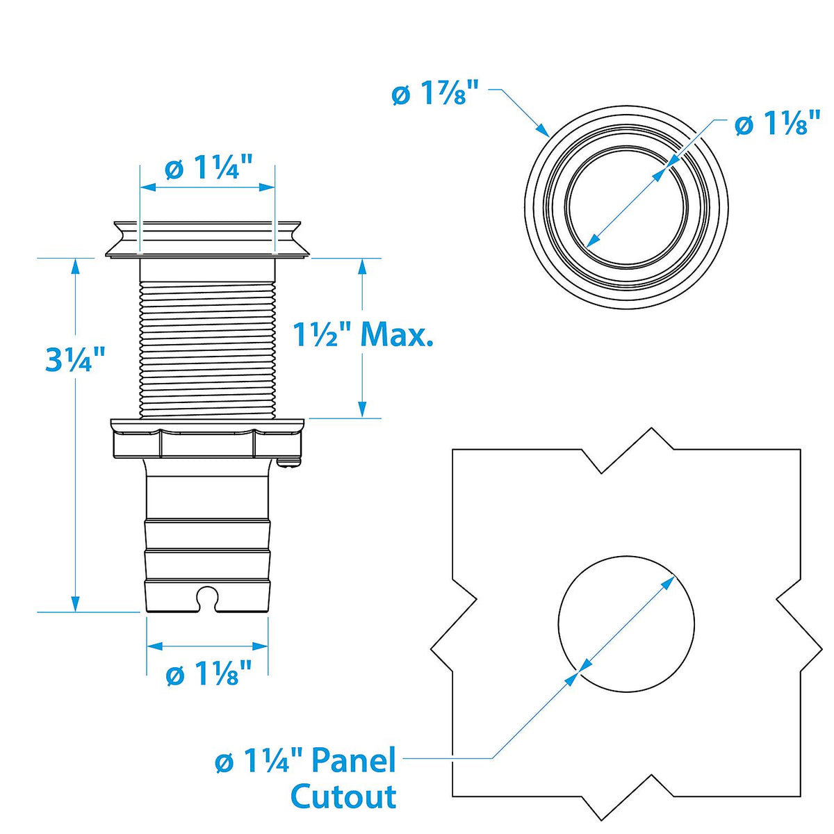 Mega-Flow SS Dripless Thru Hull Fitting, Fits 1-1/8in Hose, 1-1/2in Max. Hull