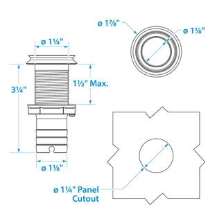 Mega-Flow SS Dripless Thru Hull Fitting, Fits 1-1/8in Hose, 1-1/2in Max. Hull