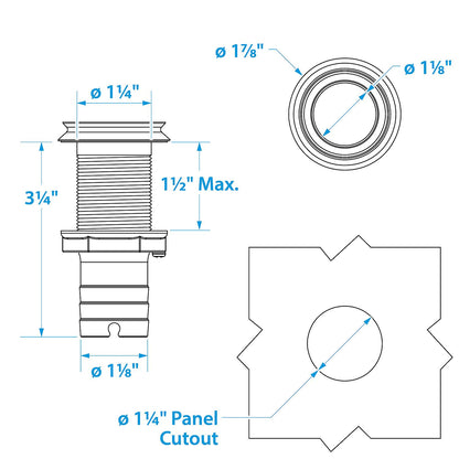 Mega-Flow SS Dripless Thru Hull Fitting, Fits 1-1/8in Hose, 1-1/2in Max. Hull