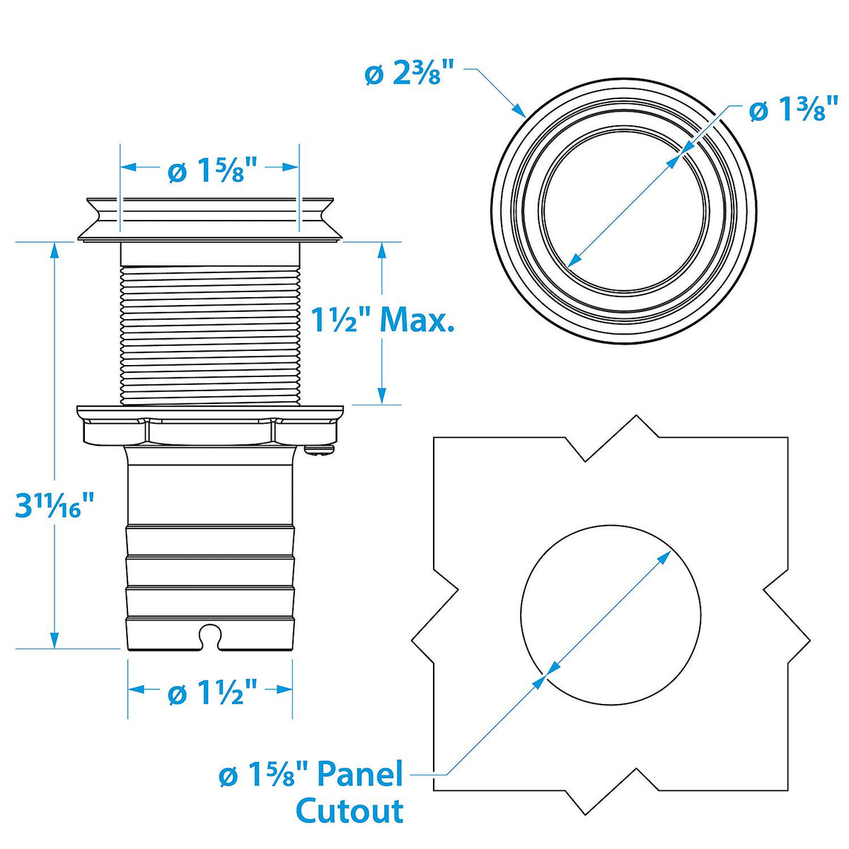 Mega-Flow SS Dripless Thru Hull Fitting, Fits 1-1/2in Hose, 1-1/2in Max. Hull