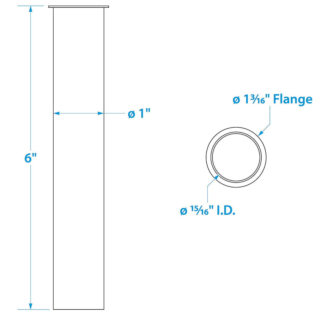 Brass Drain Tube, 6in Long, 1in ID, 90º Flange One End