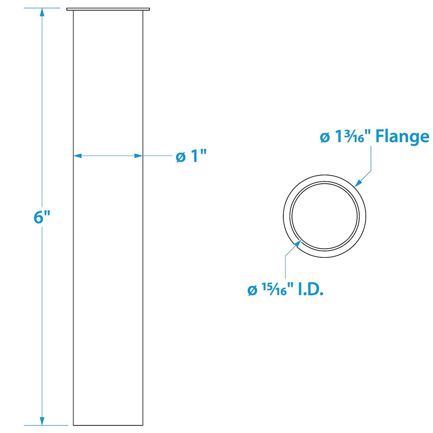 Brass Drain Tube, 6in Long, 1in ID, 90º Flange One End