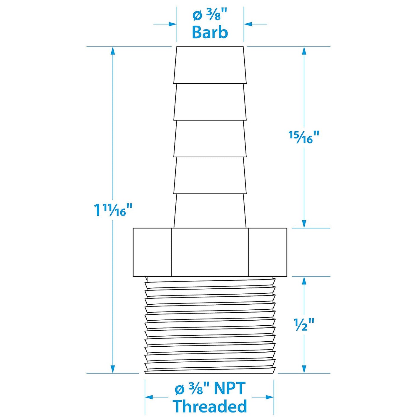 Brass Male Hose Barb, 1/3/8in x 3/8in NPT