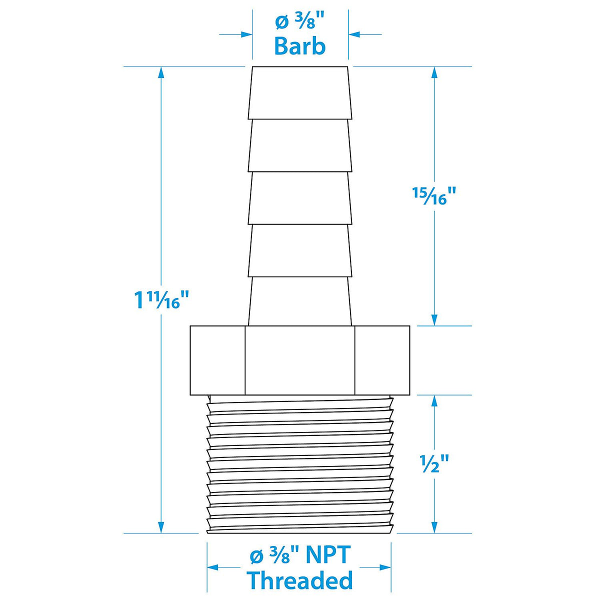 Brass Male Hose Barb, 1/3/8in x 3/8in NPT