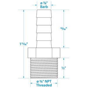 Brass Male Hose Barb, 1/3/8in x 3/8in NPT