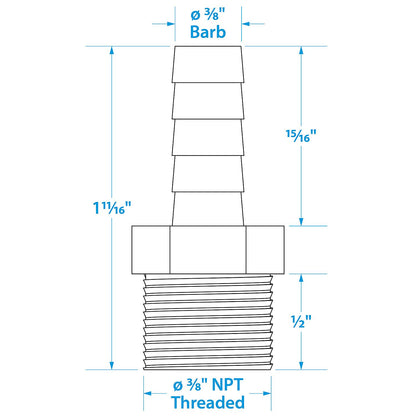 Brass Male Hose Barb, 1/3/8in x 3/8in NPT