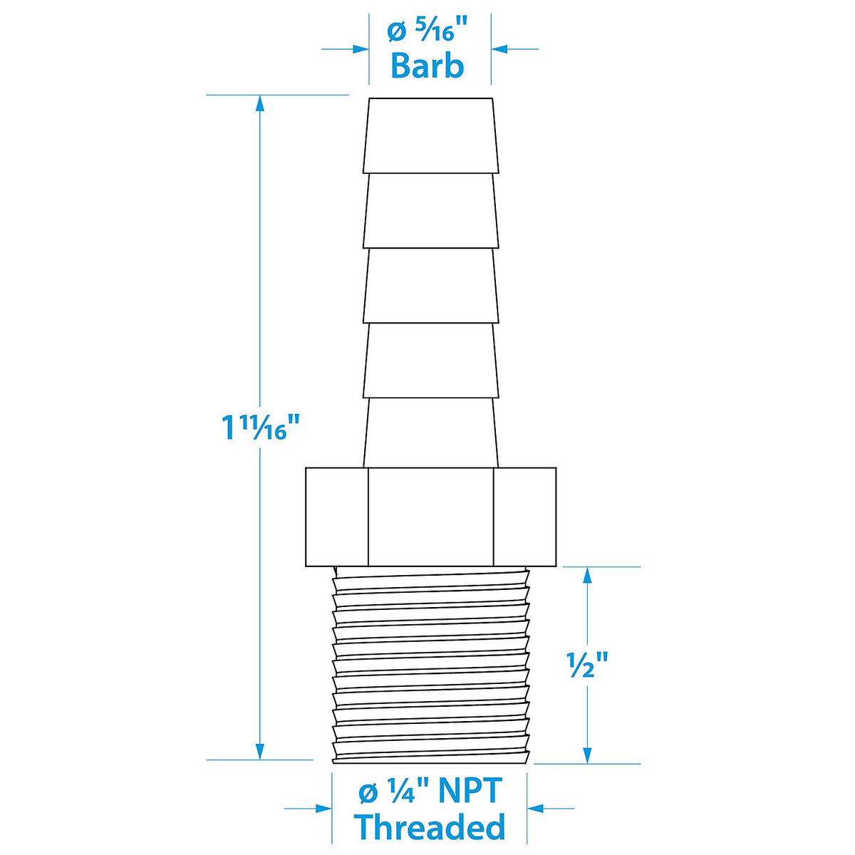Brass Male Hose Barb, 5/16in  x 1/4in NPT