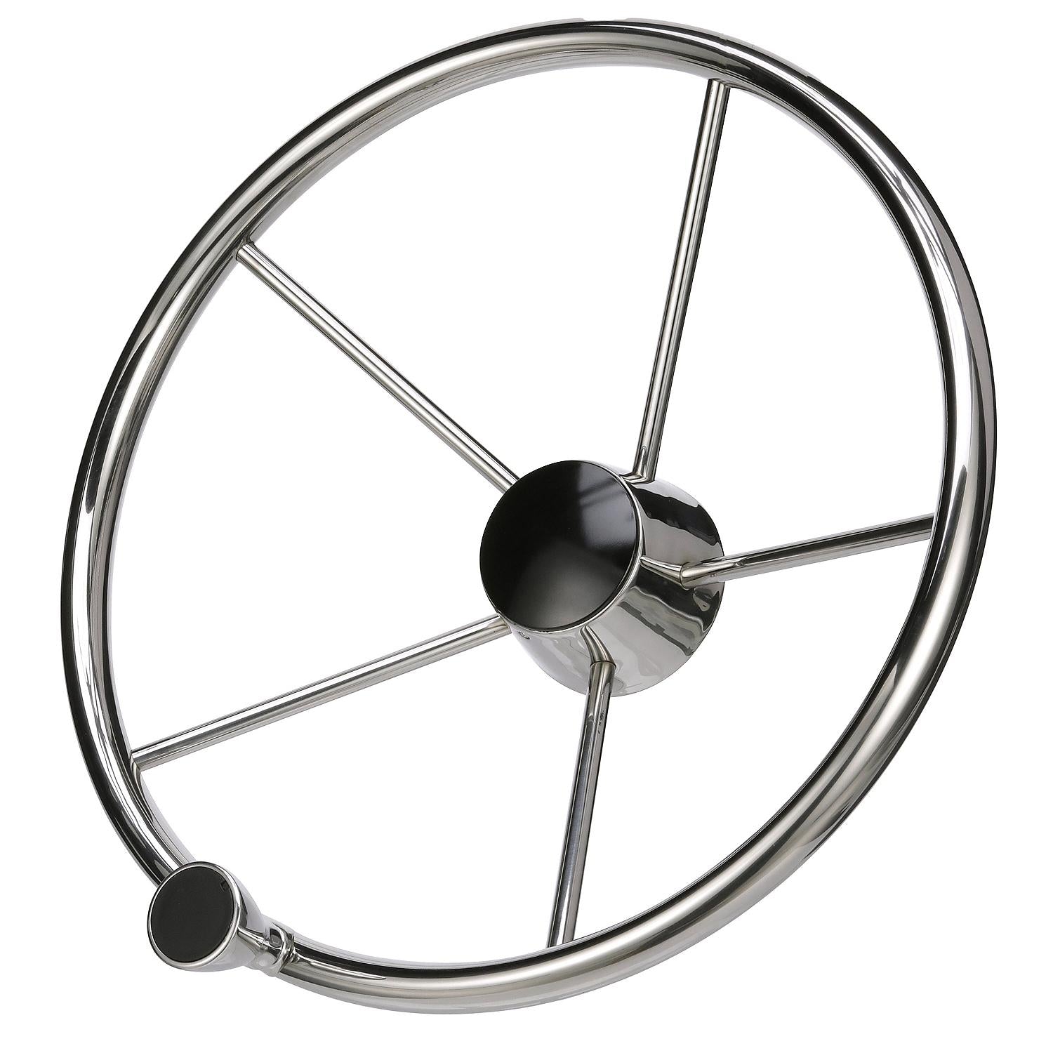 5 Spoke 15in Stainless Steel Destroyer Steering Wheel w/ Turning Knob & Black Center Cap