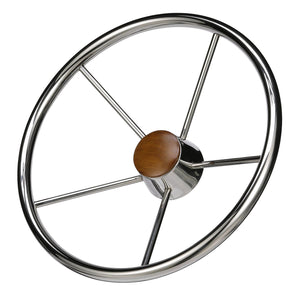 5 Spoke 15in Stainless Steel Destroyer Steering Wheel w/ Genuine Teak Cap