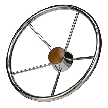 5 Spoke 15in Stainless Steel Destroyer Steering Wheel w/ Genuine Teak Cap